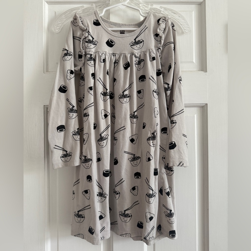 Kids size 7, Long Sleeve Dress with Lt Grey & Black, Fun Ramen & Sushi Print
